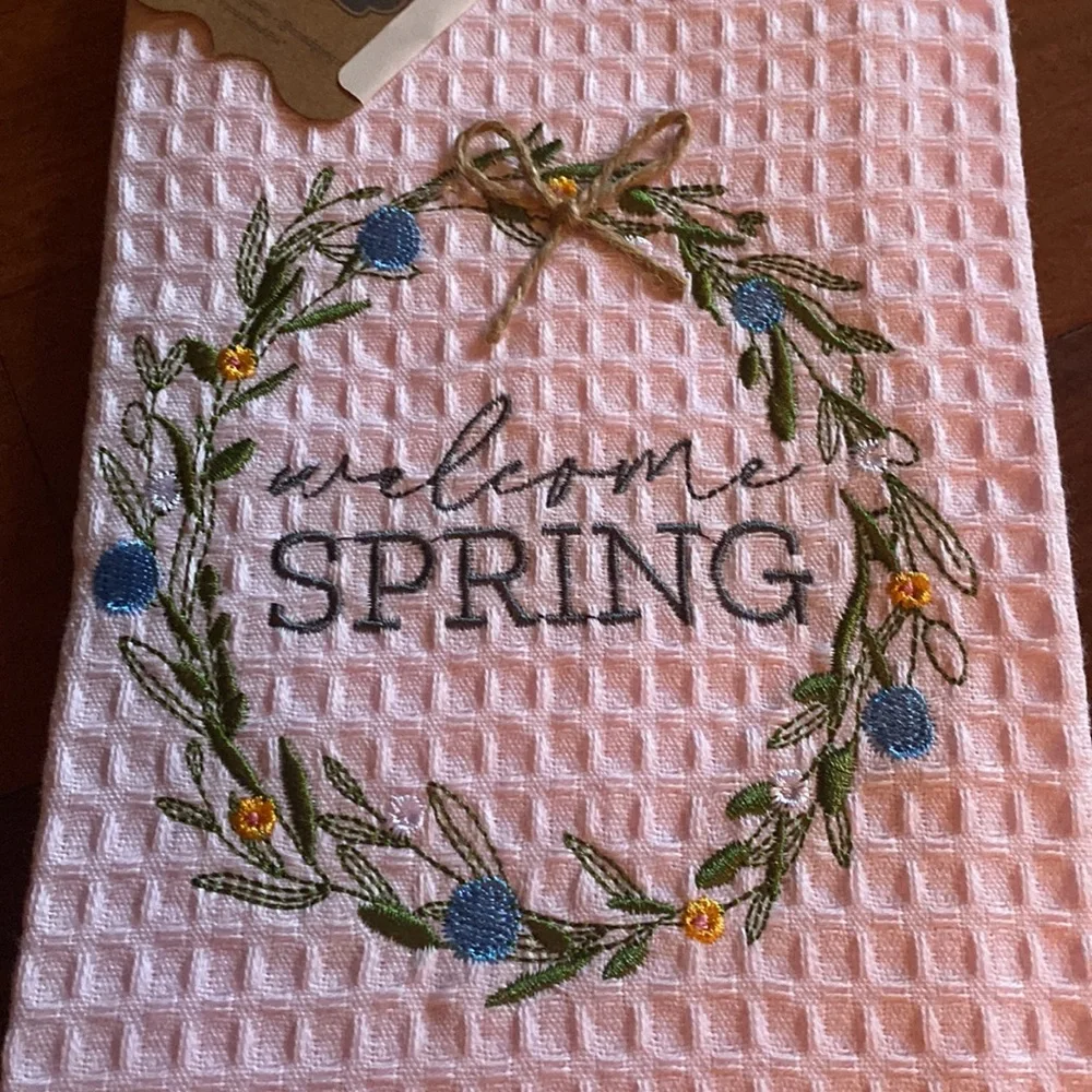 NWT Mud Pie Pink Embroidered Spring Tea Dish Towel, Spatula & Cookie Cutter